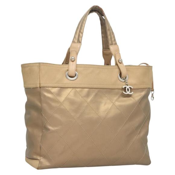 CHANEL Paris Biarritz MM Tote Bag Coated Canvas Beige Silver CC Auth bs26552 - Picture 1 of 16
